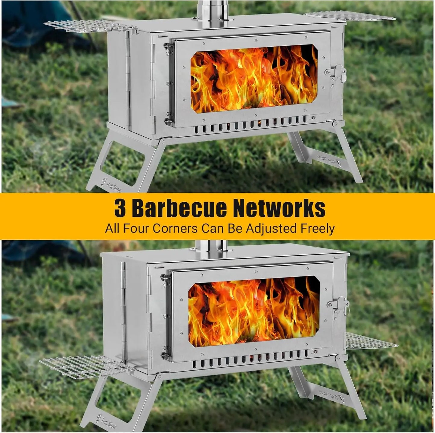 Hot Stove, Wood Burning Stove, Portable Stainless Wood Stove with Cooking Grill for Outdoor Camping Cooking and Heating