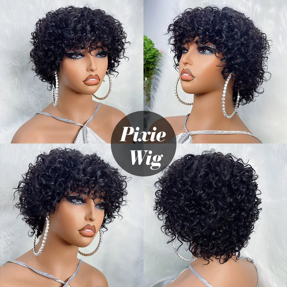 Pixie Cut Human Hair Wig, Rose Curly Funmi Glue less, with Bangs, Short Bouncy Curly