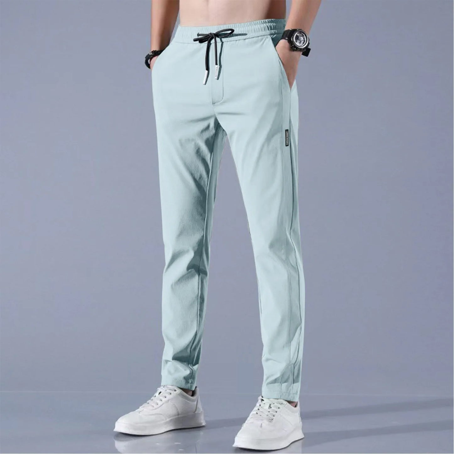 Men Fast Dry Stretch Pants Solid Color Mid-Waist Loose Breathable Straight-Leg Casual Pants