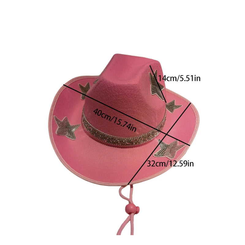 Women Glitter Cowboy Hat with Sequin Stars and Wide Brim