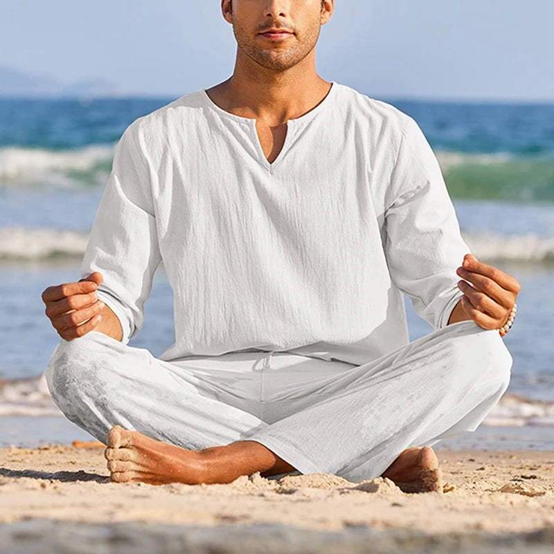 Men s Summer Cotton Linen Solid Color Long Sleeve Henley Shirt Elastic Waist Drawstring Pants 2 Pieces