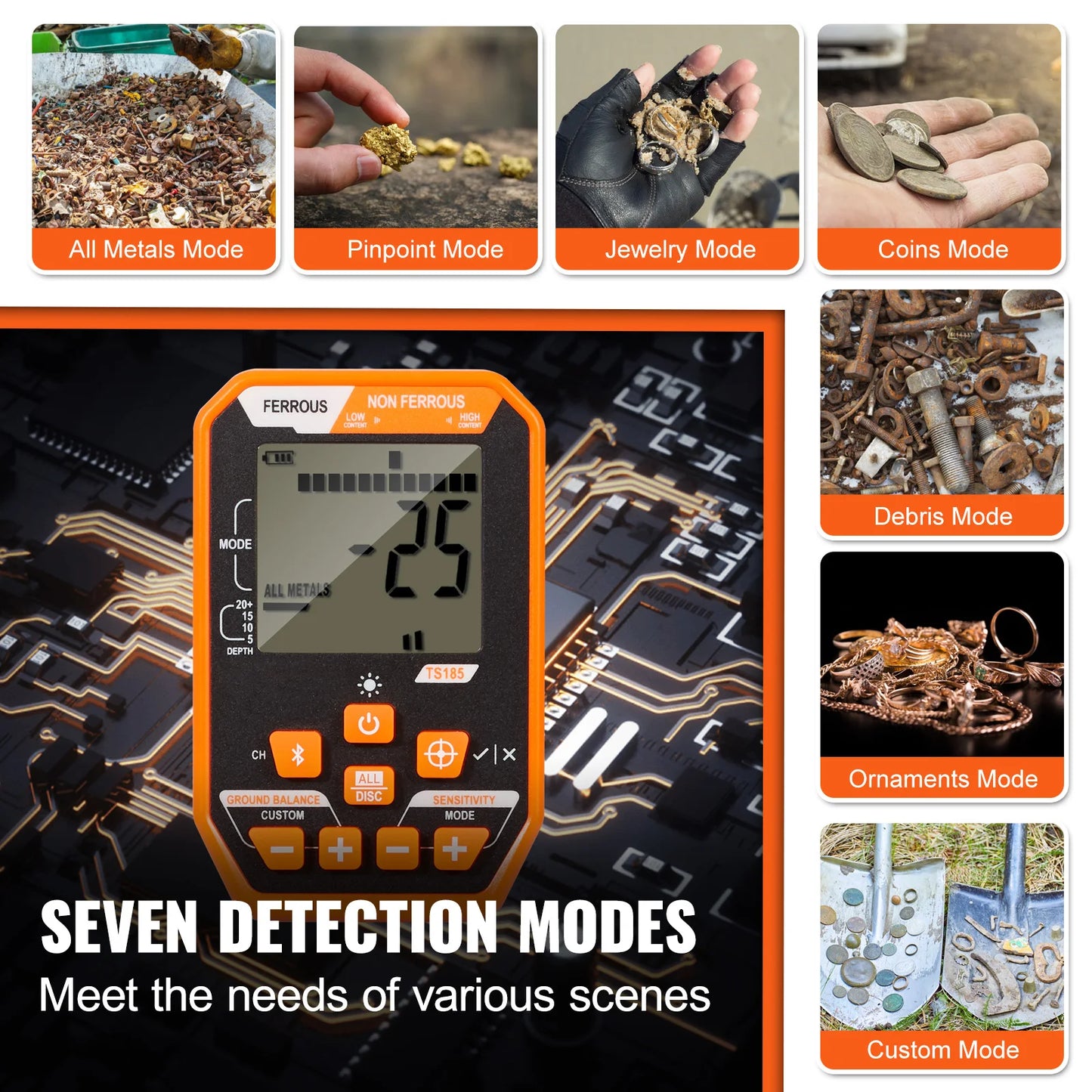 Professional Rechargeable Metal Detector 12" IP68 Waterproof Coil 39-50 in Adjustable + LCD 7Modes for Treasure Hunting