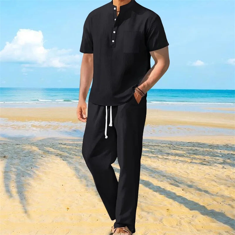 Men s Casual 2 Piece Outfit Short Sleeve Henley Tops with Drawstring Pants, Solid Color