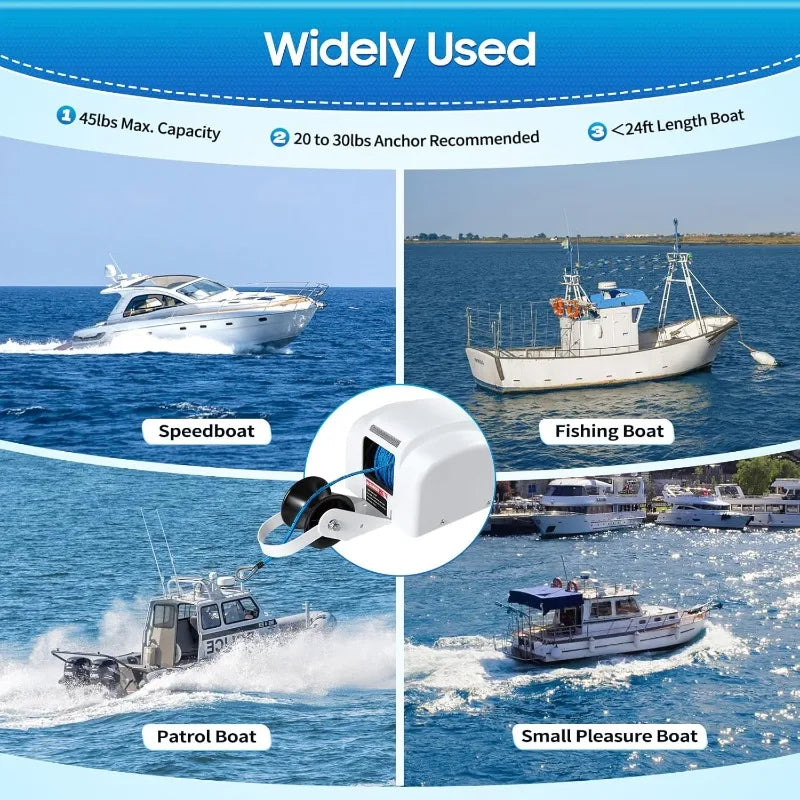 12V Electric Boat Anchor Winch with Remote Control for Anchor 45LB Automatic Anchor Winch with 100Ft Anchor Rope for Boats
