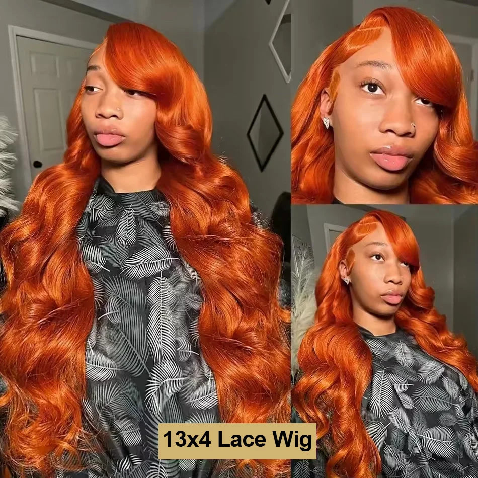 Orange Ginger Lace Front Wig, Human Hair Body Wave 13x6 HD Lace Frontal Wig Colored Brazilian Hair, Transparent Lace Wig