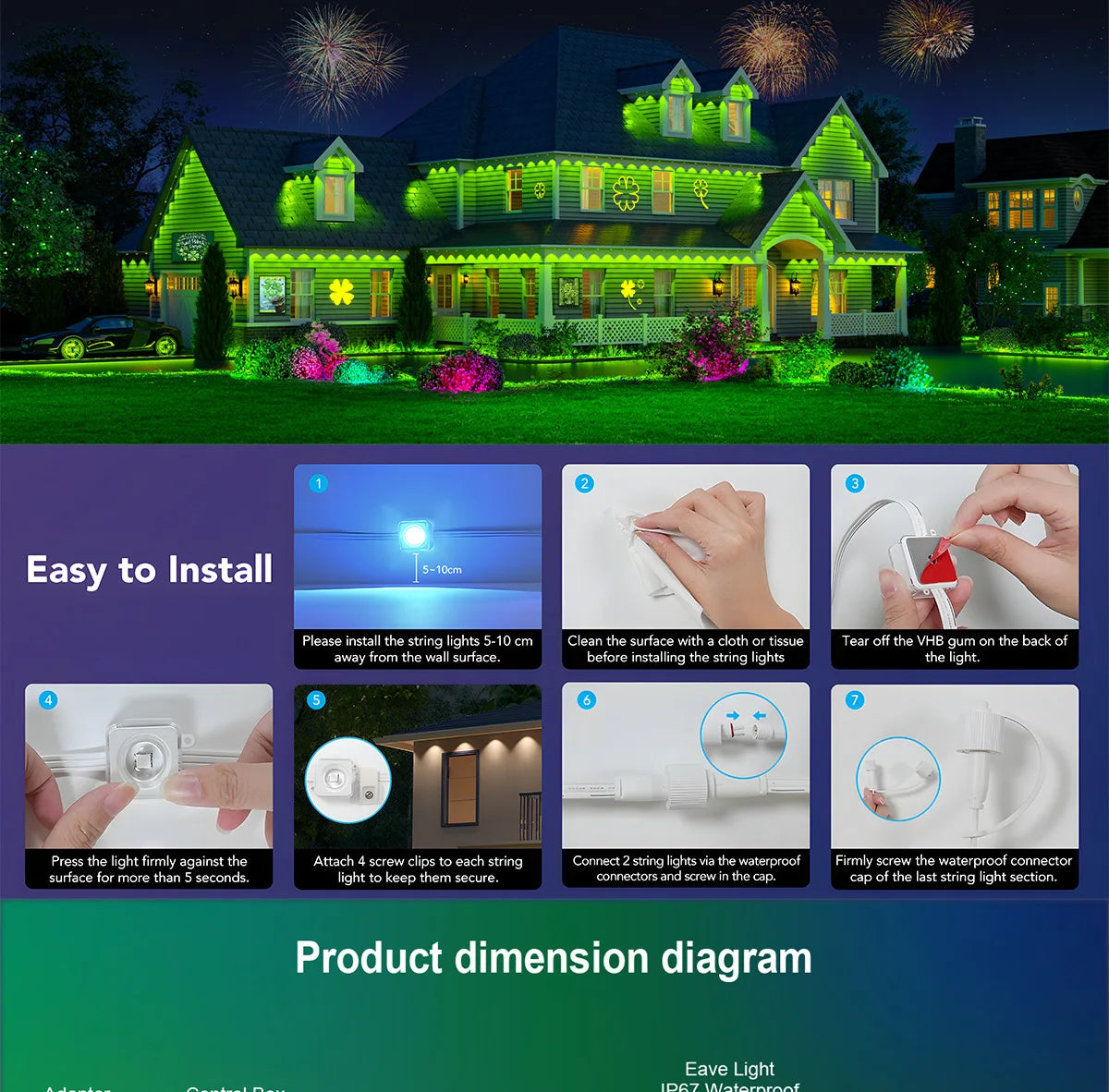Eave Lights, Permanent Outdoor LED Light String Strip. APP Smart DlY Auto Scene Lighting Decor