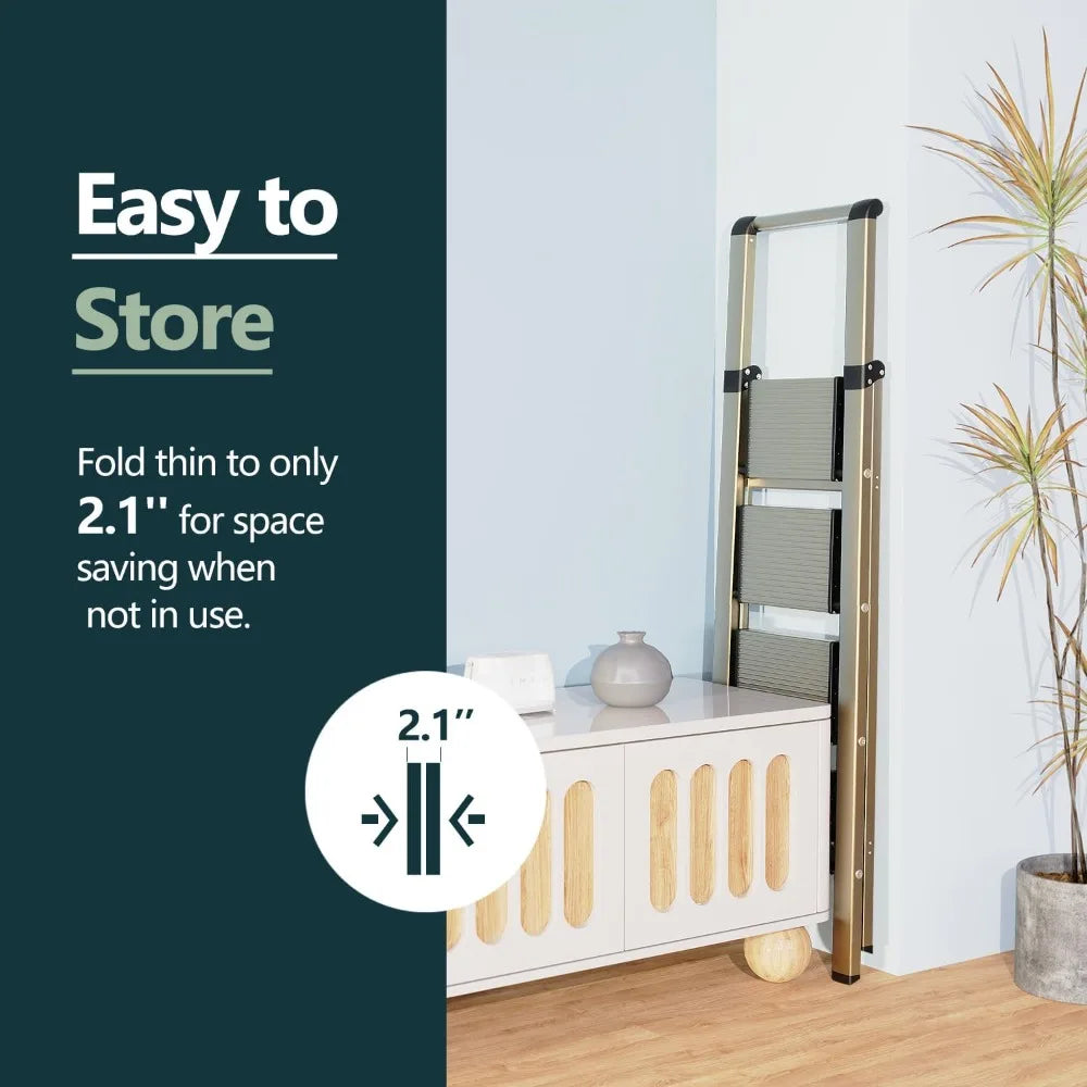 Gold 4 Step Ladder for 10 Feet High Ceiling, Lightweight Foldable Ladder with Non-Slip Wide Pedals, Safe Handrail