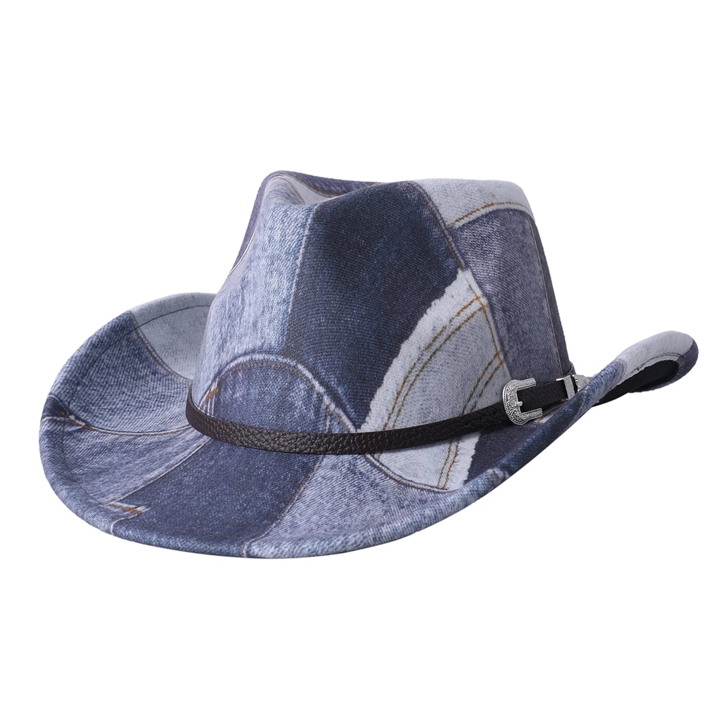 Vintage Style Distressed Denim Cowboy Hat with Ornate Concho Detail Unisex Rodeo Cap