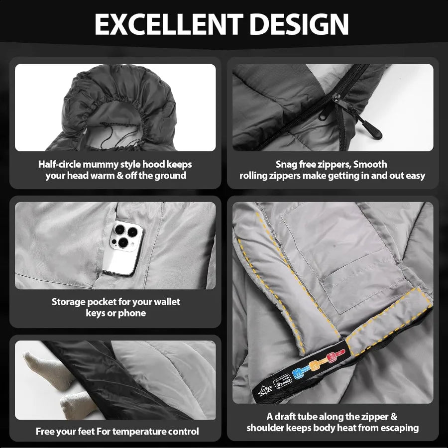 Adult Sleeping Bag All Season Warm Cold Weather Lightweight Backpacking, Large Size