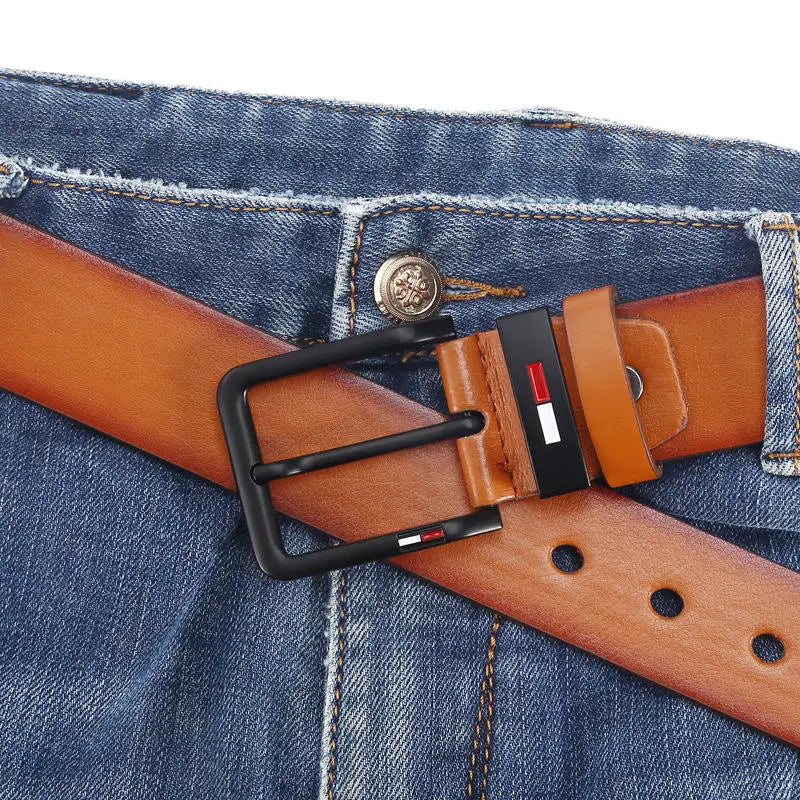 Men's Leather Alloy Pin Square Buckle Belt. Black, Coffee, Brown