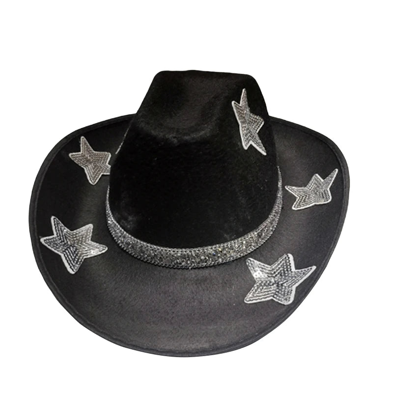Women Glitter Cowboy Hat with Sequin Stars and Wide Brim