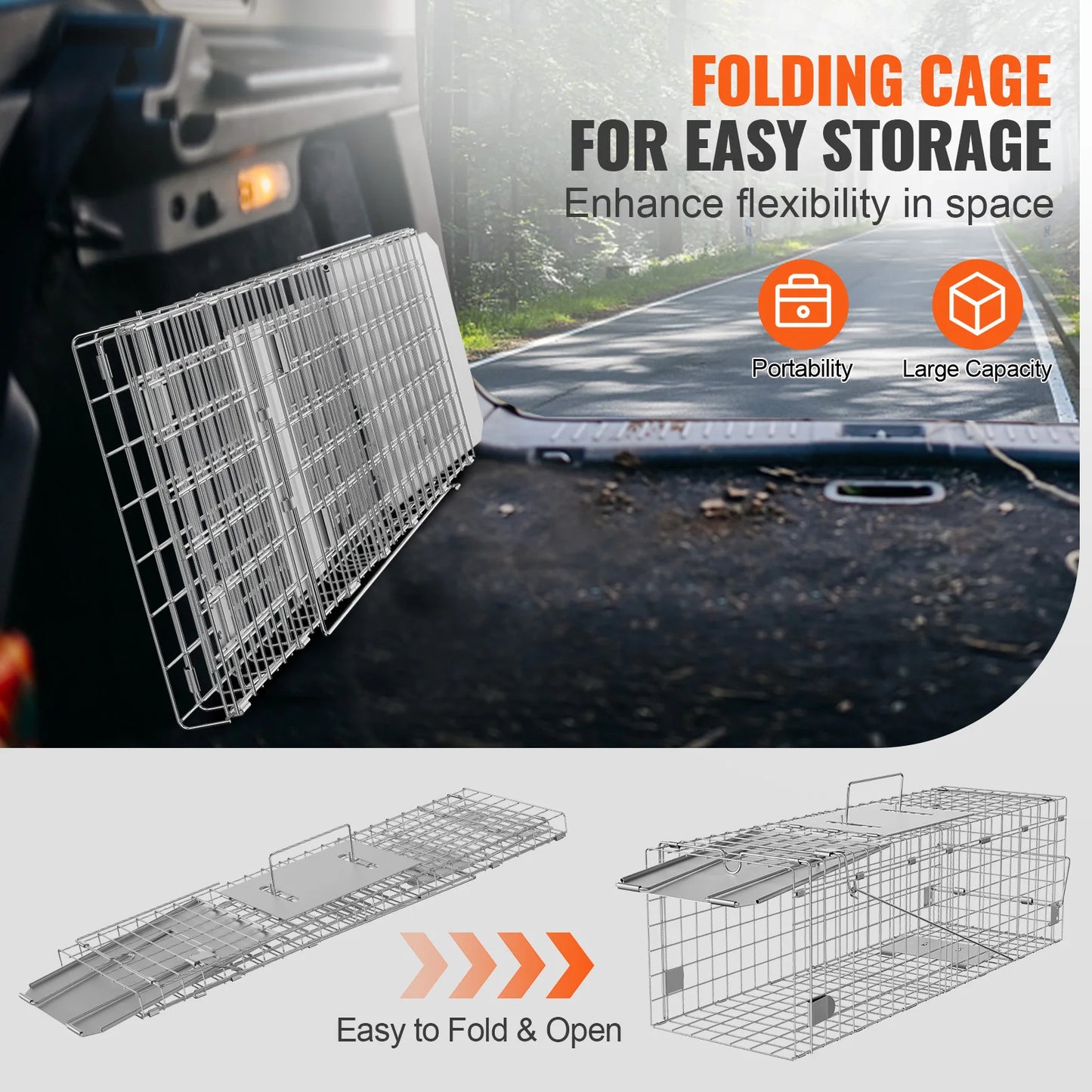 Live Animal Cage Trap, Humane Cat Rodent Control Folding with Handle for Rabbits, Stray Cats, Squirrels, Raccoons, Groundhog
