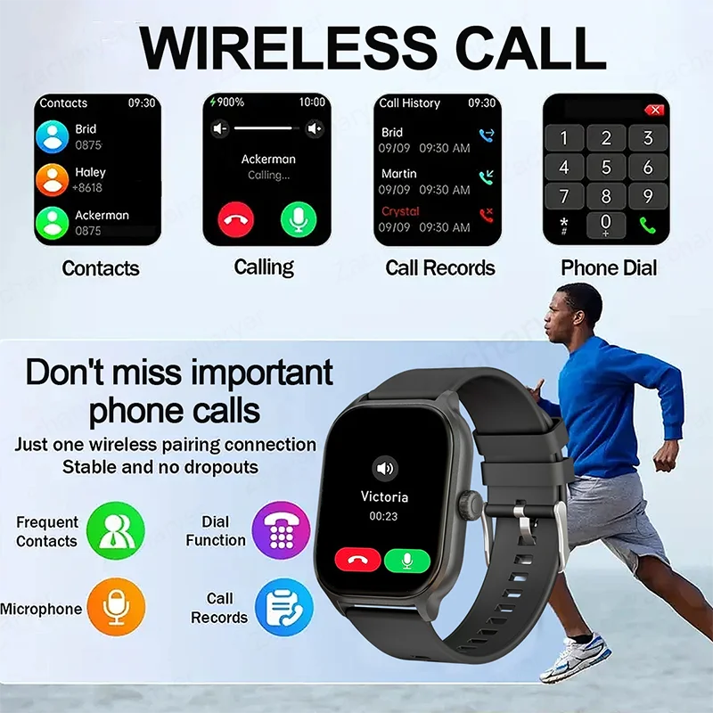 Smart watch, wireless calling/dial, multi-Sport mode, calling reminder and rejection, SMS reminder, for iPhone/Andriod