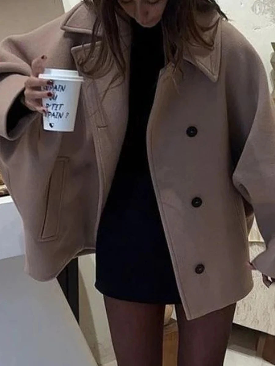 Women s Winter Oversized Wool Jacket with Batwing Sleeves and Lapel Collar Button Closure Solid Color Loose Fit