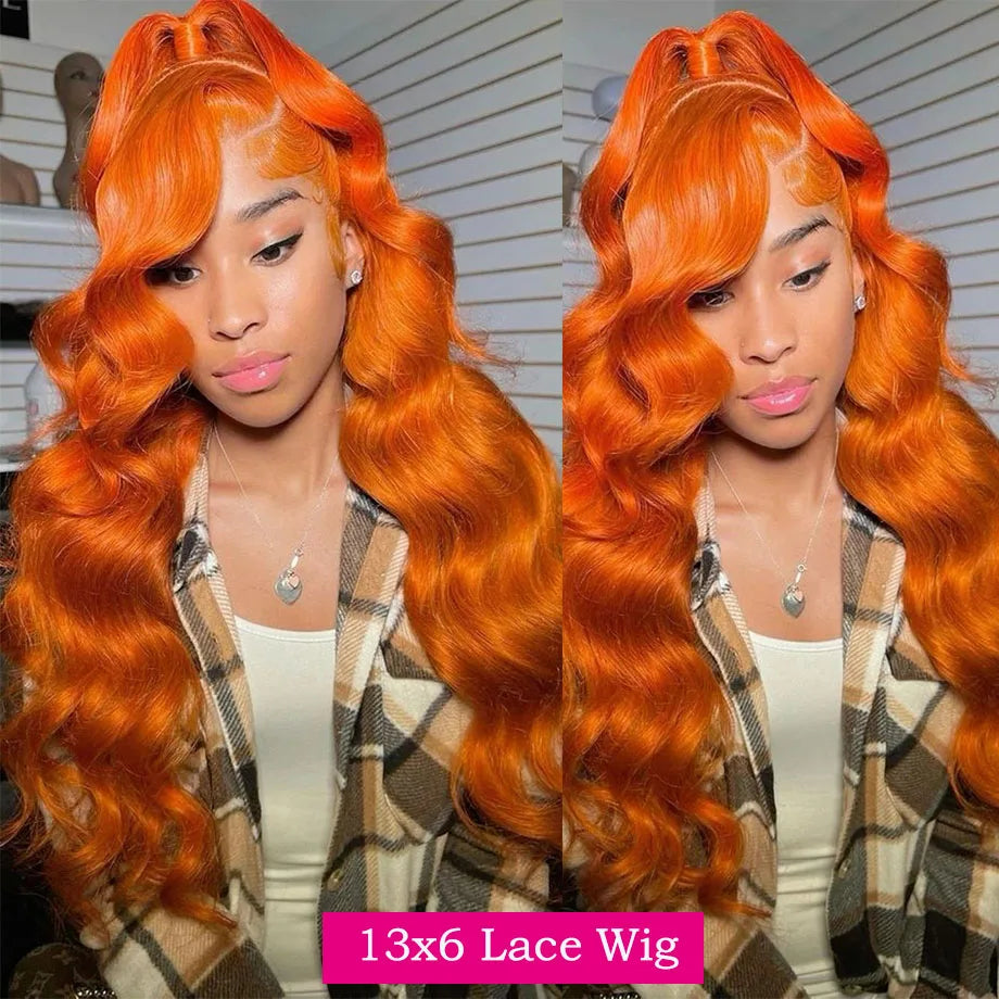 Orange Ginger Lace Front Wig, Human Hair Body Wave 13x6 HD Lace Frontal Wig Colored Brazilian Hair, Transparent Lace Wig