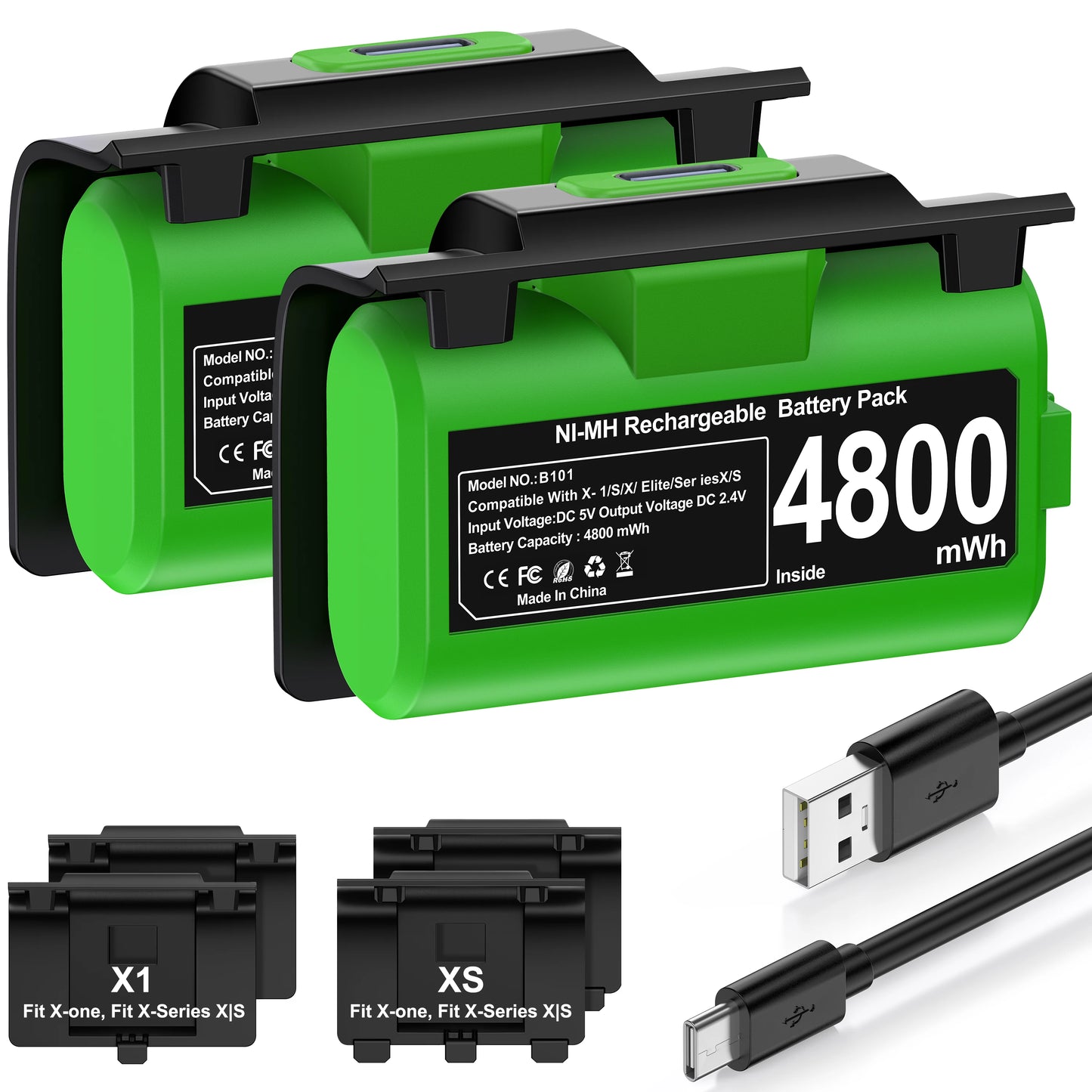 Rechargeable 2x4800mwh Battery Packs For Xbox Series X/S & Xbox, with Charging Cable