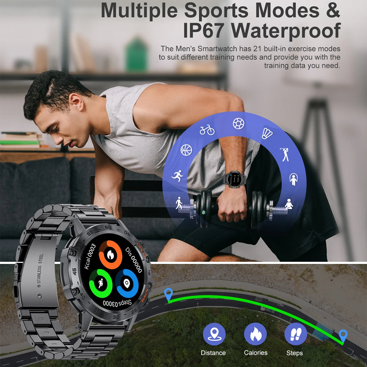Outdoor Sports Smart Watch, Men HD Screen, Heart Rate, Bluetooth Call, IP68 Waterproof