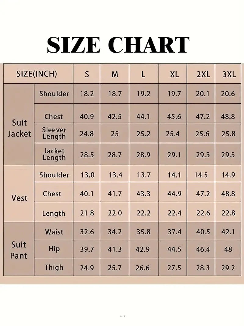 Men Suits Single Breasted Lapel 3 Piece Jacket Pants Vest Set