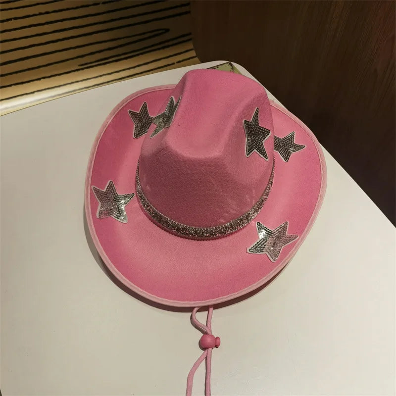 Women Glitter Cowboy Hat with Sequin Stars and Wide Brim