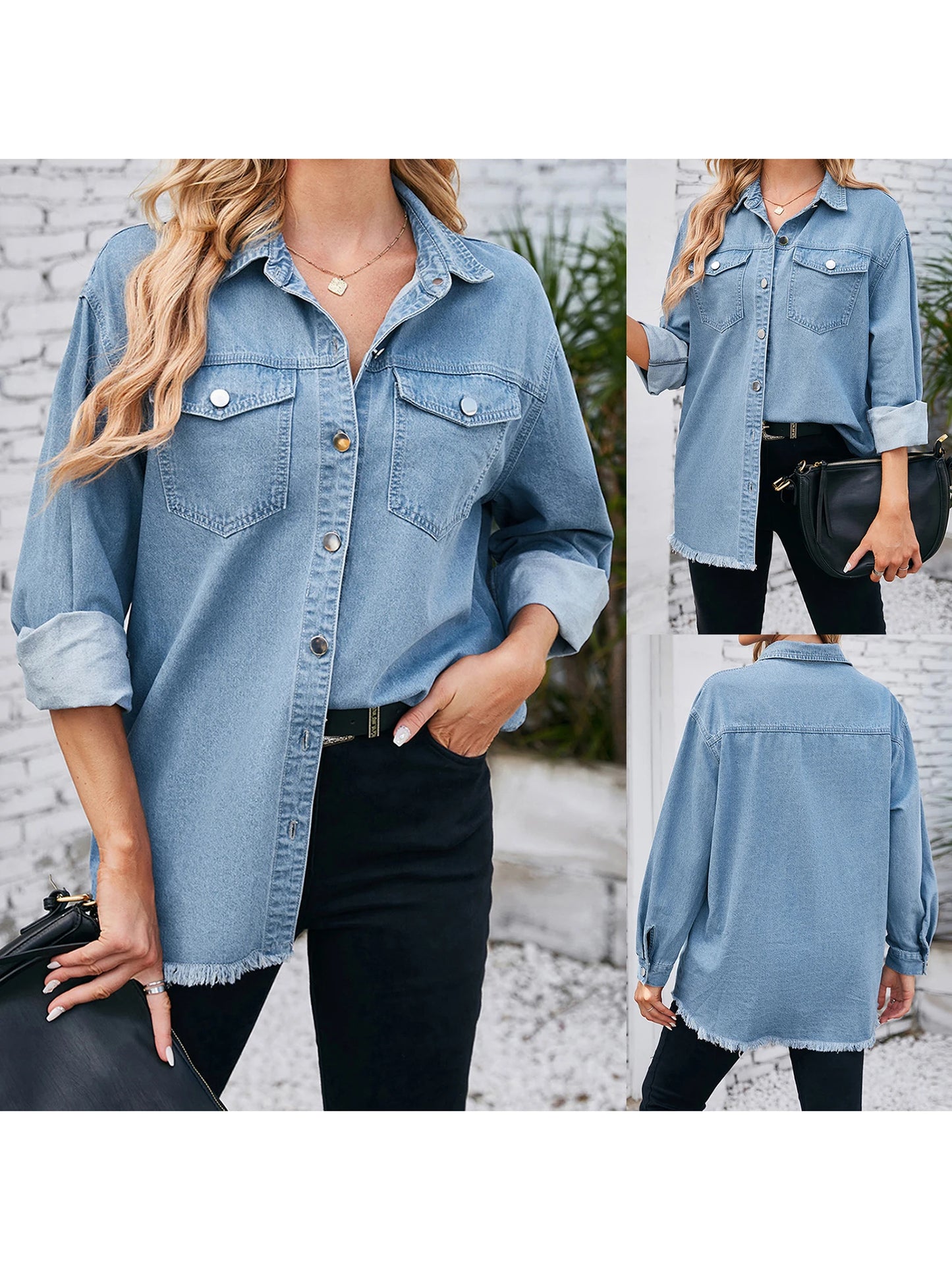 Women s Vintage Oversized Denim Jacket with Distressed Details and Button Closure