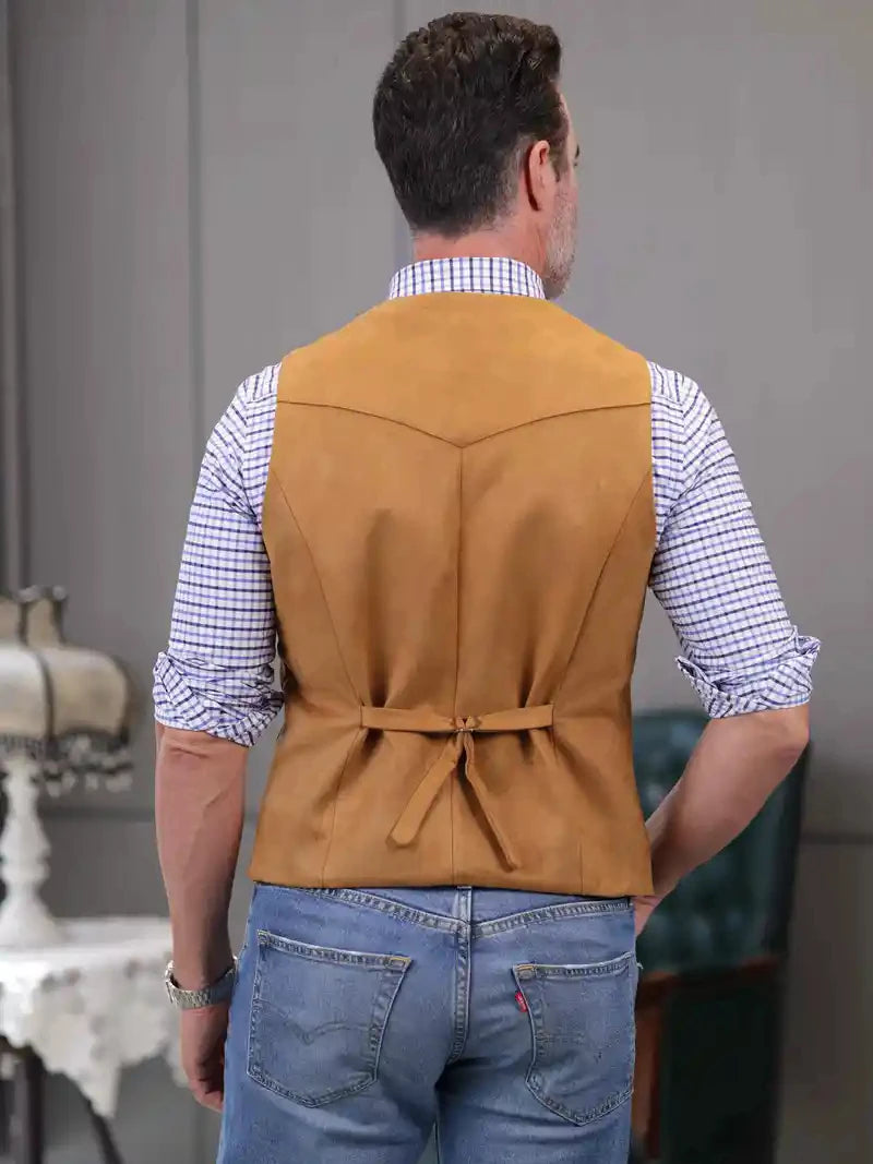 Vintage Suede Leather Men's Vest Slim Fit Sleeveless Jacket V-Neck Regular Fit