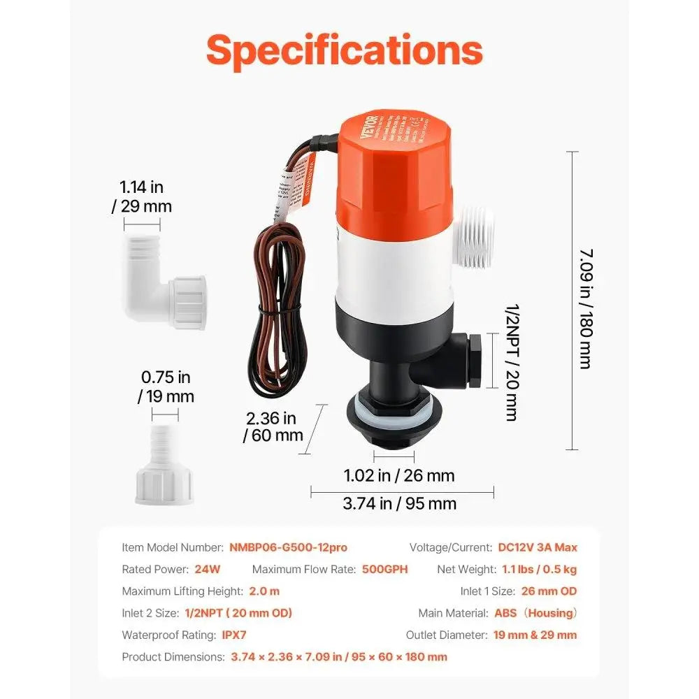 Livewell Pump for boat 12V 500 GPH Livewell Aerator Pump Straight 2 Inlets