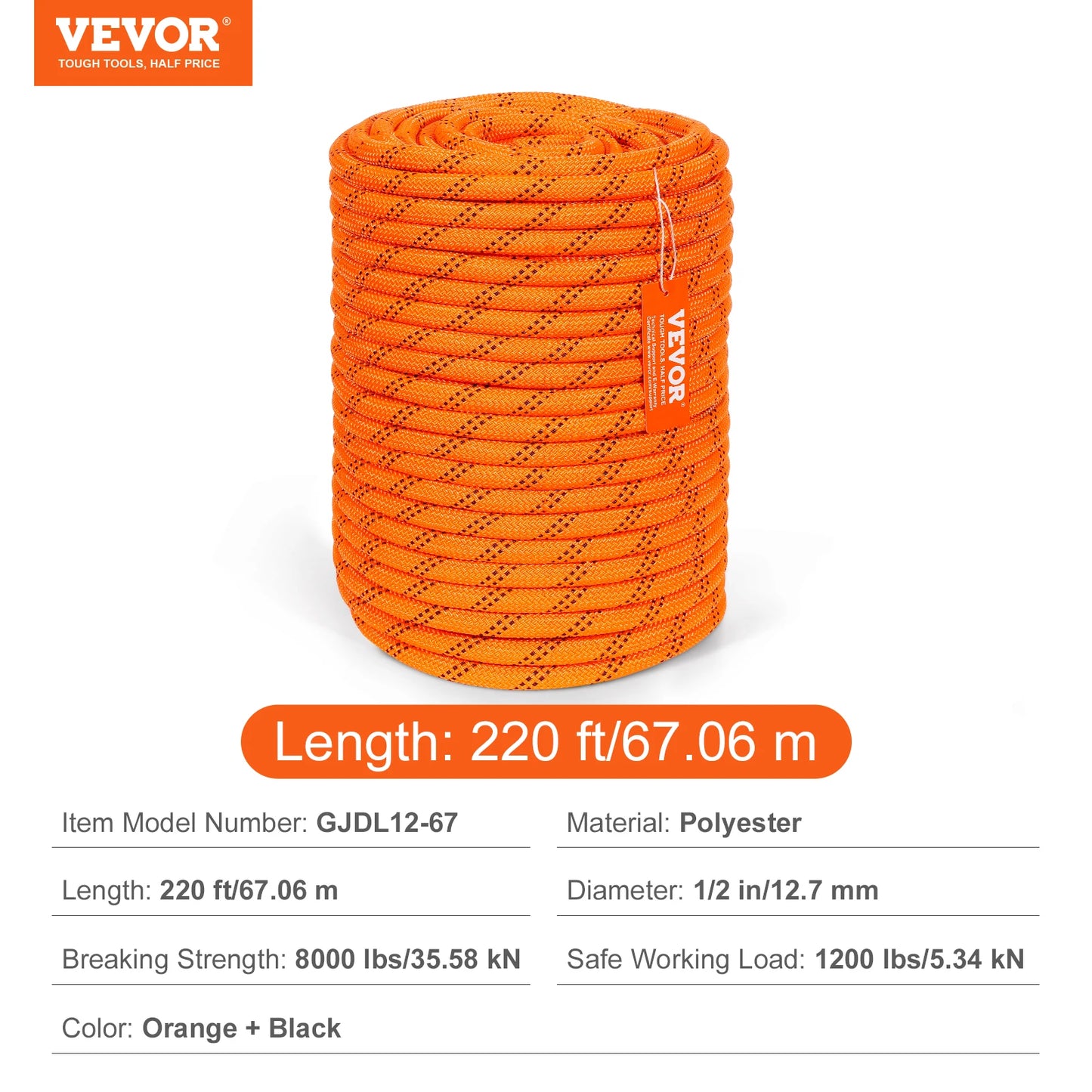 220ft Dual-Weave Polyester Rope 48-Strand Outdoor Accessories Emergency Cord for Camping, Rappelling, Rescue, Anchor Rope