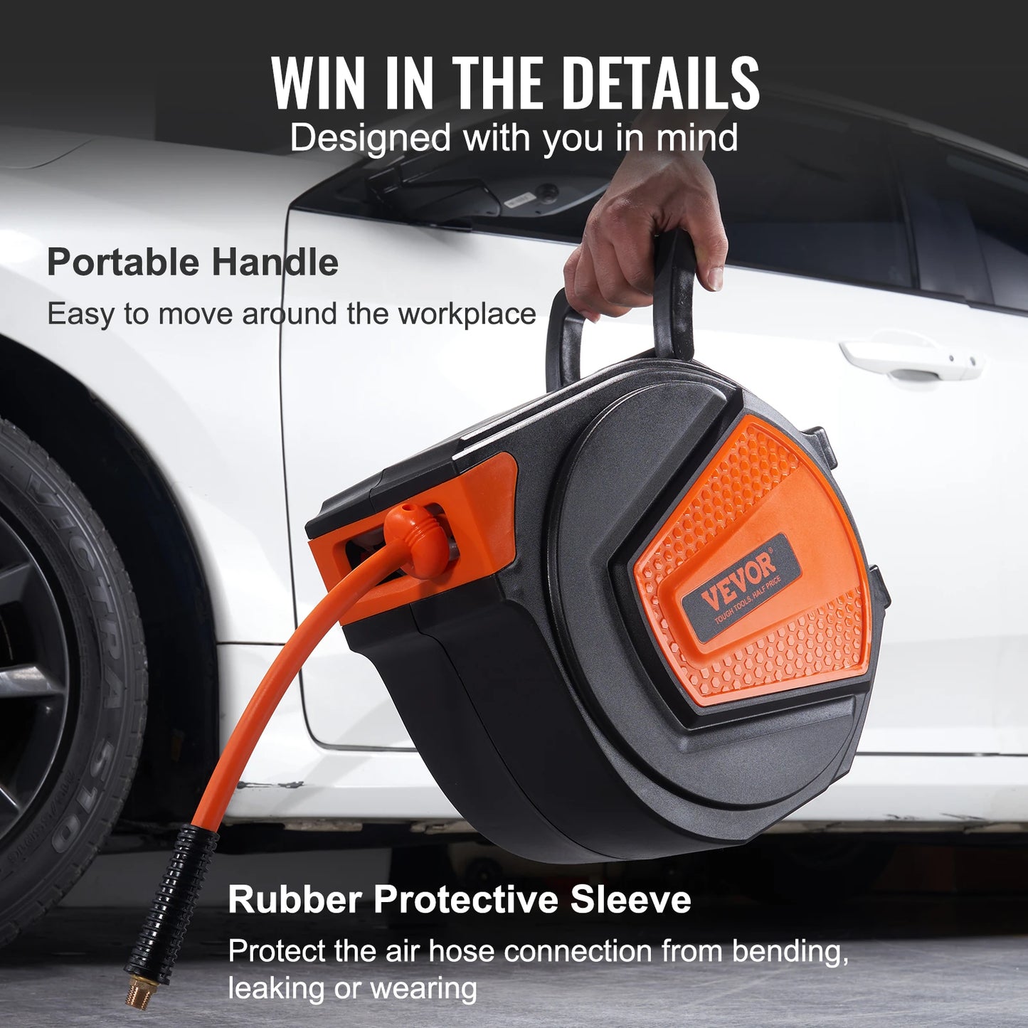 50FT Retractable Air Hose Reel Wall-Mounted PVC Hose Automatic Rewinding, Swivel Compressor