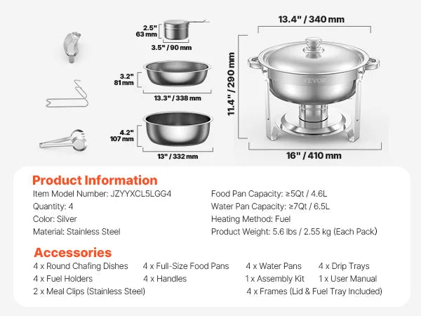 4 Pack Chafing Dish Buffet Set, Stainless Steel Chafer w/4 Full Size Pans. Round Catering Warmer Server for Party Banquets