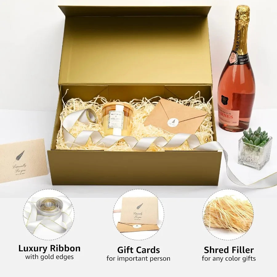 Magnetic Gift Boxes 5 Pack 13.85 x 8.35 x 4.45 Inch Rectangle Collapsible Boxes with Lids and Ribbon Shredded Paper Filler Gift