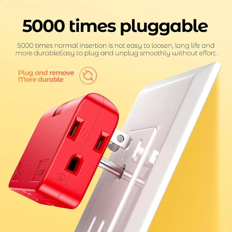 Red 3Prong Outlet Splitter Plug Extender Converts 2 to 3 or 3 to 2 Prong Wall Adapter Side Plugs for Wall Outlet Rotating