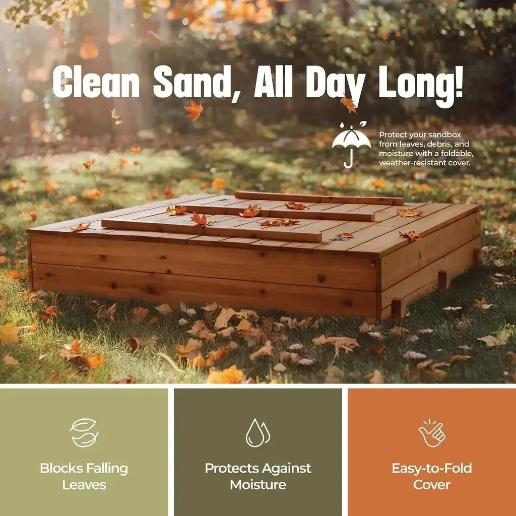 Large Wooden Kids Sandbox with Lid – Outdoor Sand Box for Kids with Cover, Foldable Bench Seats and Bottom Liner
