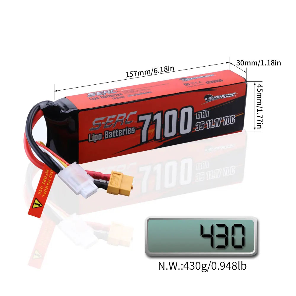 3S Lipo Battery 11.1V XT60 Plug 7100mAh 70C Soft Pack for RC