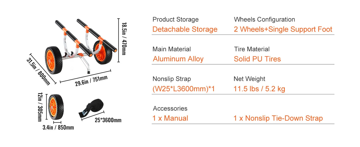 Kayak Cart 450lbs Detachable Canoe Trolley Cart with 12'' Tires. Adjustable Width for Paddleboards, Float Mats, Jon Boats, Kayak