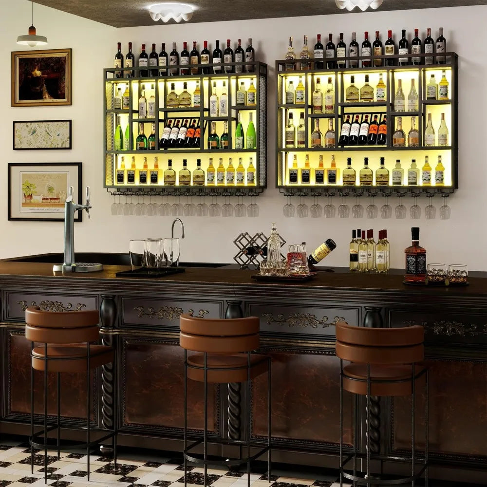 4-tiers 59in wine rack wall mounted with led light, floating bar shelves for liquor bottles, metal industrial hanging display shelf