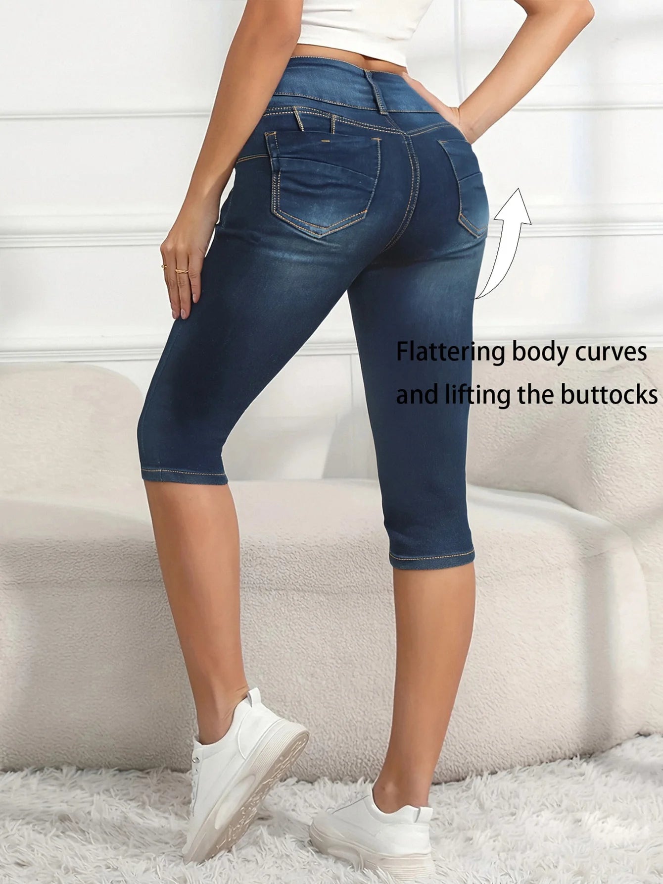 Women's High - Waist Stretch Denim Capri Jeans with Triple - Button Closure