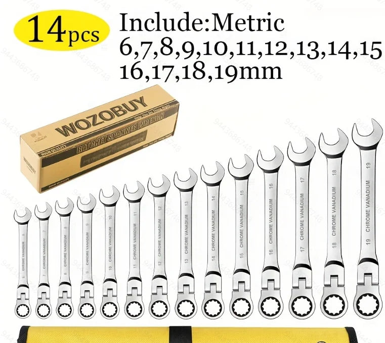 12/14/16/17pcs Flex-Head Ratchet Wrench Set, 6-26mm, 72 Teeth, Cr-V Constructed Combination End