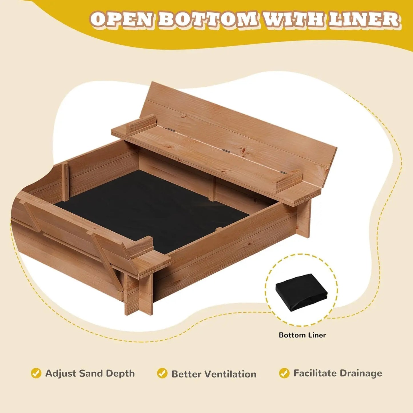 Wood Sandbox with Lid, Spacious Outdoor Play Area with Foldable Bench Seats with Cover Bottom Liner for Backyard