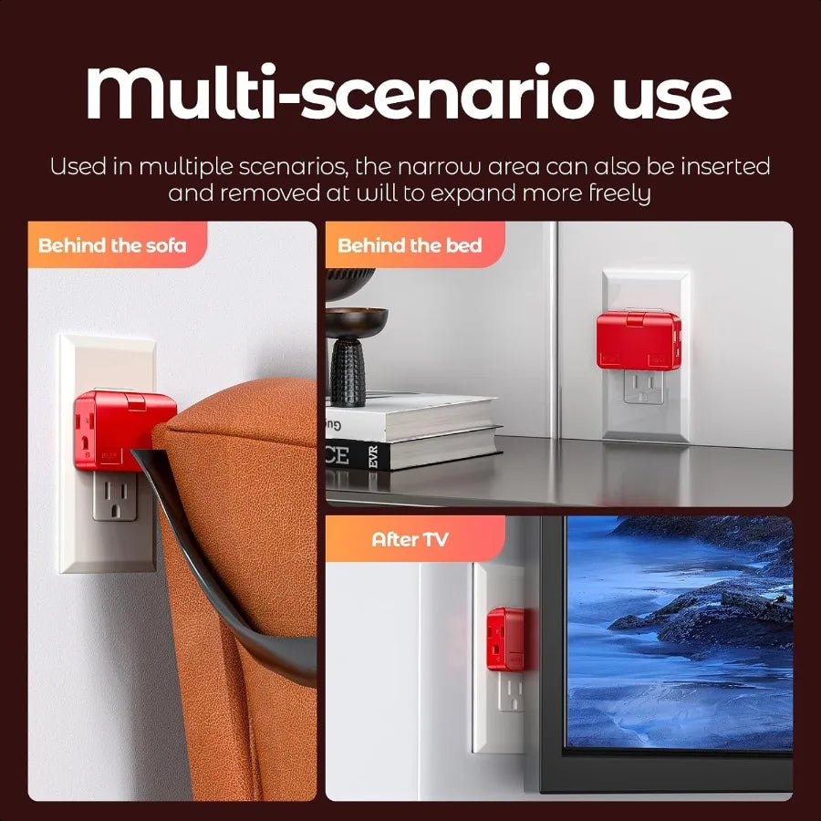 Red 3Prong Outlet Splitter Plug Extender Converts 2 to 3 or 3 to 2 Prong Wall Adapter Side Plugs for Wall Outlet Rotating