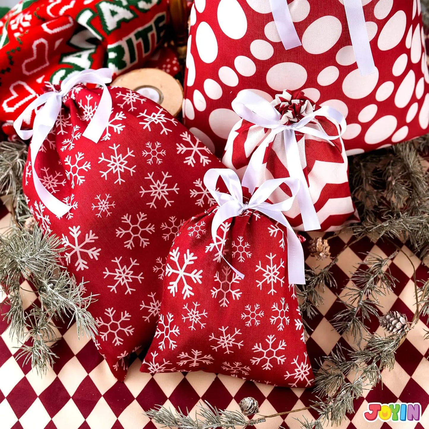 6 PCs Fabric Gift Bags, Red Elegant Color with 3 Sizes for Each Season holiday