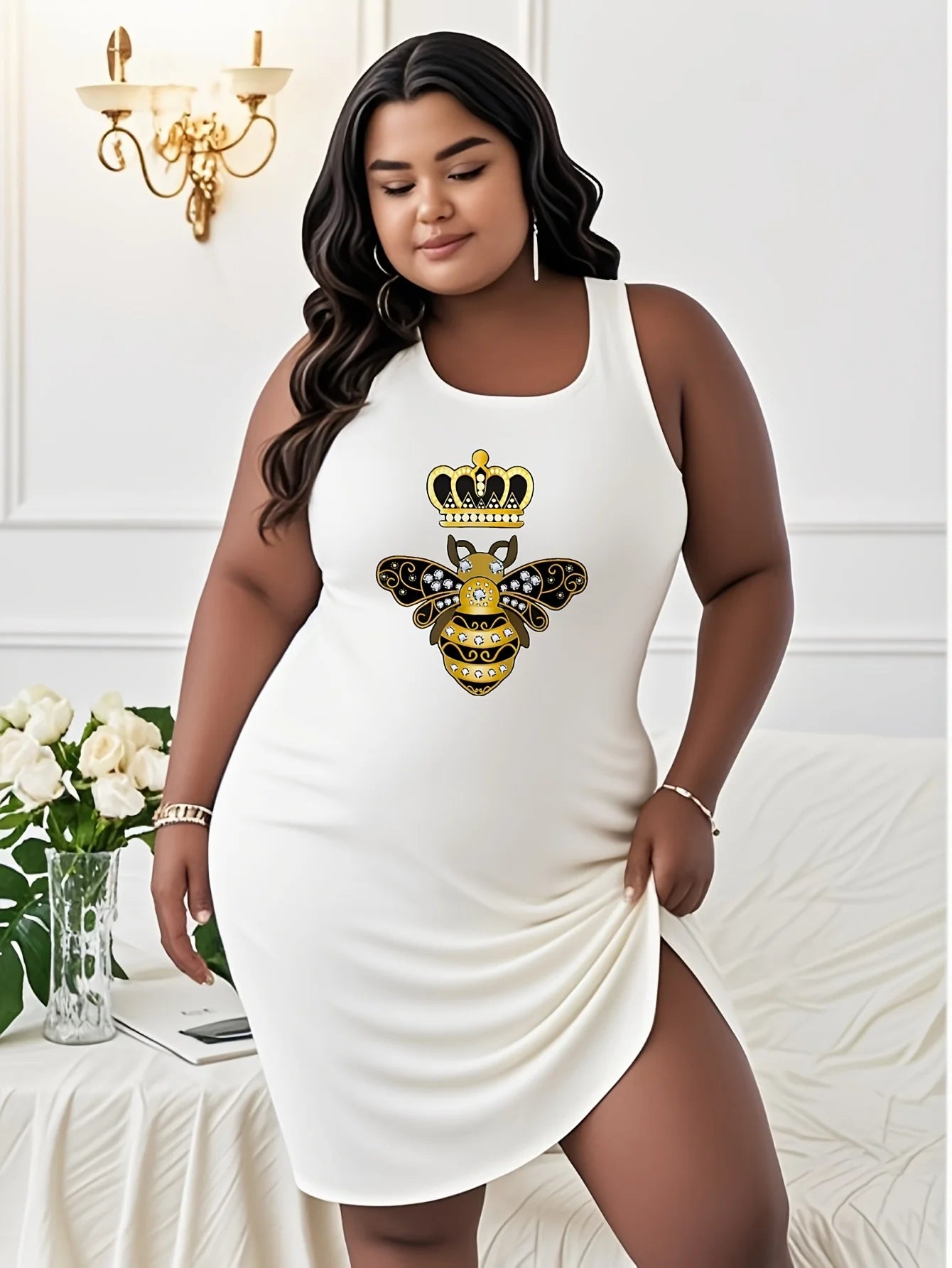 Women's plus size T shirt dress, Bee With Crown And Diamonds