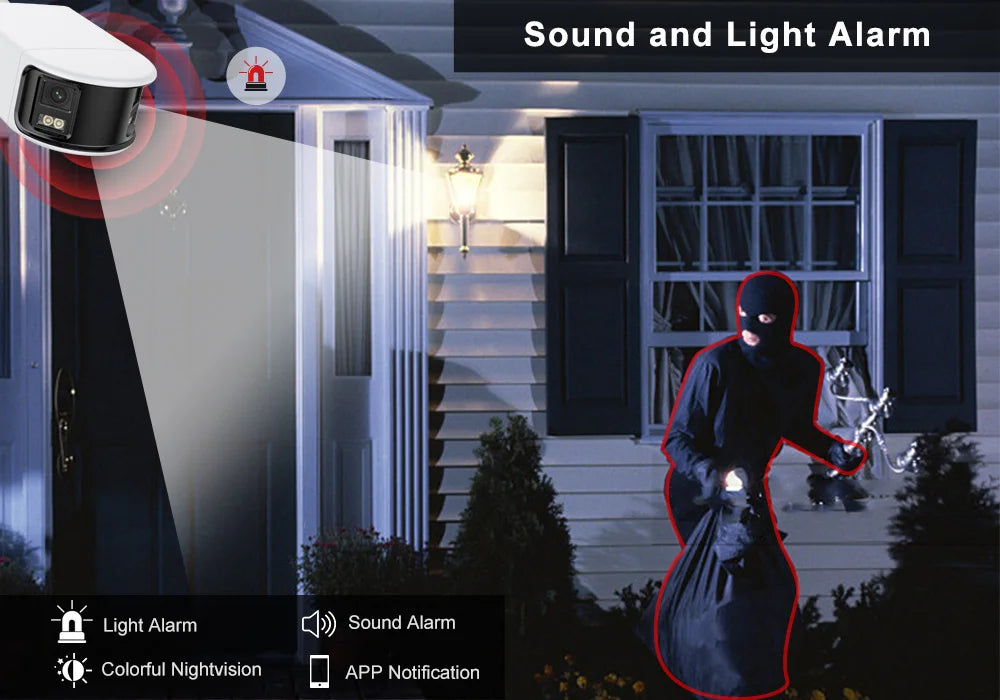 8MP Dual Lens POE Camera Outdoor Security 180° View Angel Real Time 2-Way Audio AI Human Vehicle Detection Metal Case