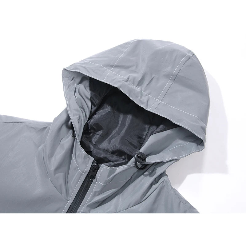 Mens Night Reflective Jacket Waterproof Zipper Windbreaker Hooded Jacket