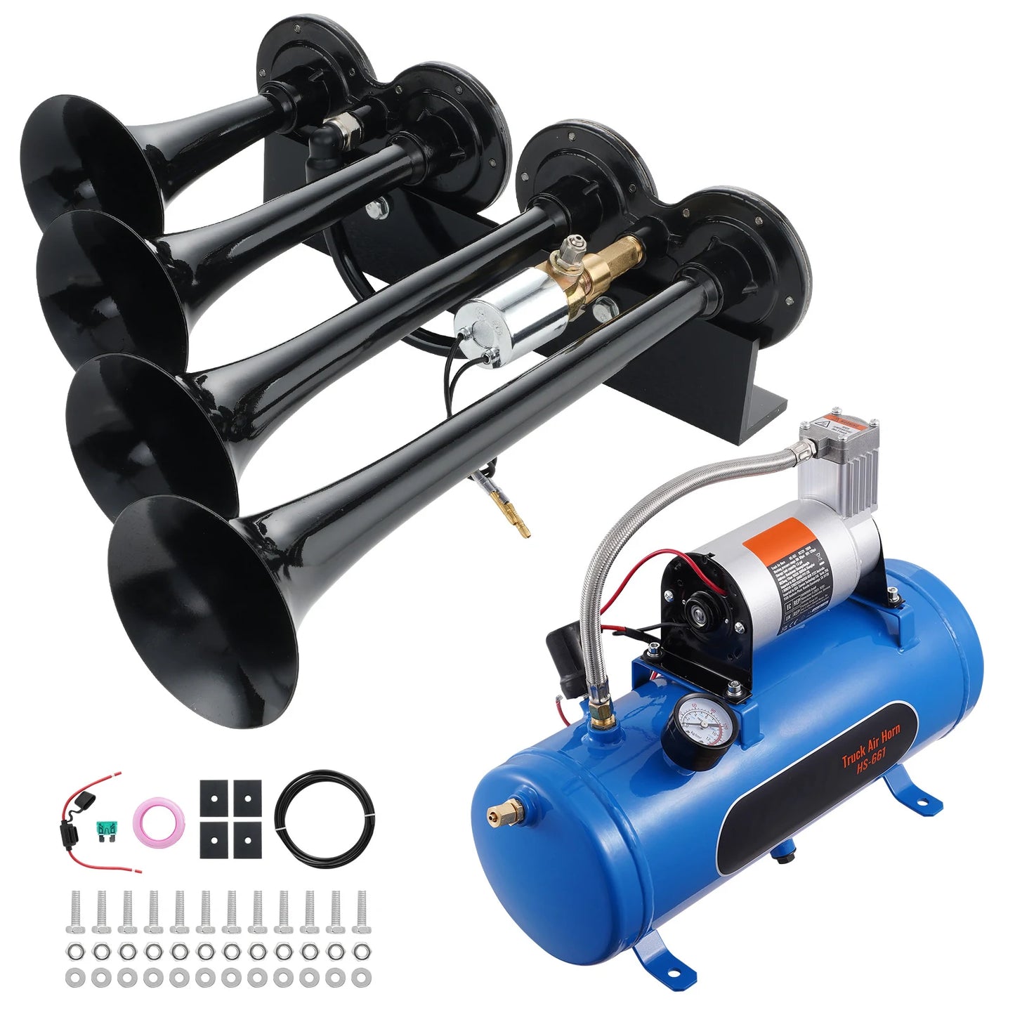 Train Horns Kit, 4 Trumpet Air Horn Kit, 150dB Train Horns 12V 120 psi Air Compressor for Car Truck Train Van Boat Pickup