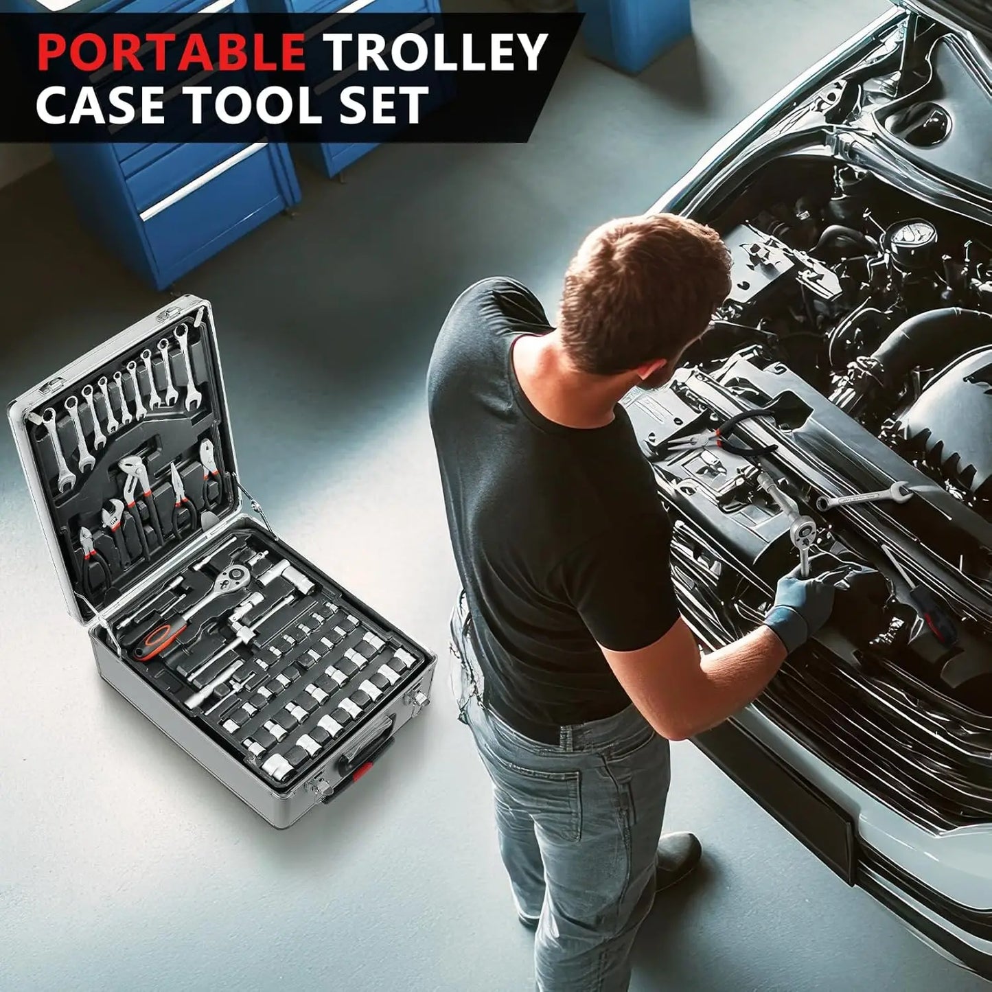 799pcs Mechanic Tool Set Home Repair Tool kit Wrenches Socket with Trolley Case Hand Tools for Daily Use Househould Work Repair