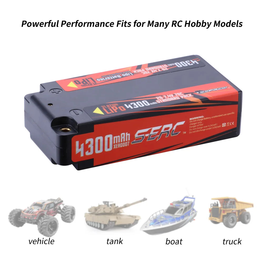 2S 7.4V Shorty Lipo Battery 4300mAh 70C Hard Case for RC