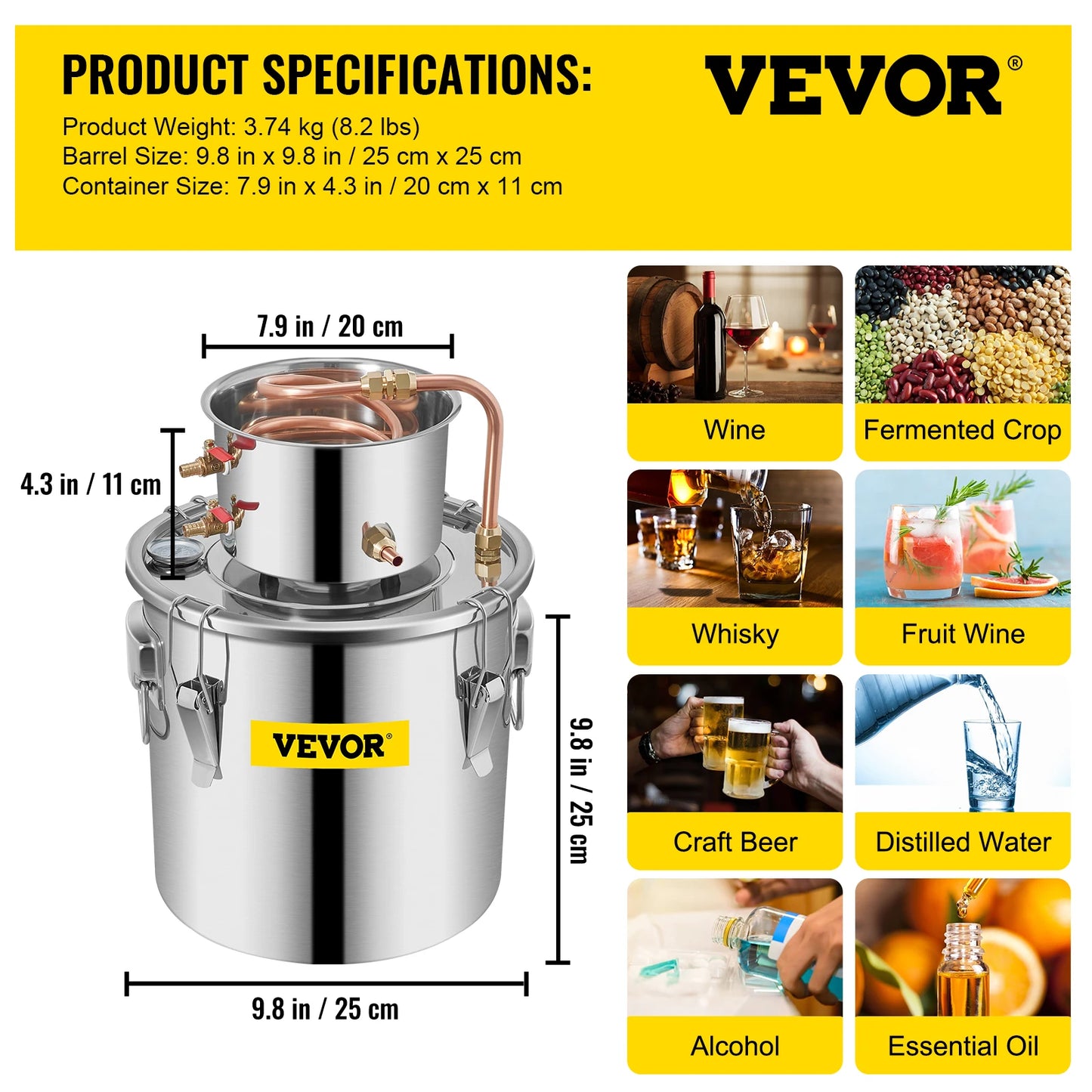 3, 5, 8, 13 Gal Distiller, Alcohol Still Stainless Copper DIY Home Brewing Kit