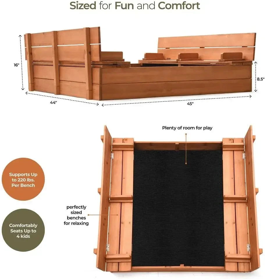 Large Wooden Kids Sandbox with Lid – Outdoor Sand Box for Kids with Cover, Foldable Bench Seats and Bottom Liner