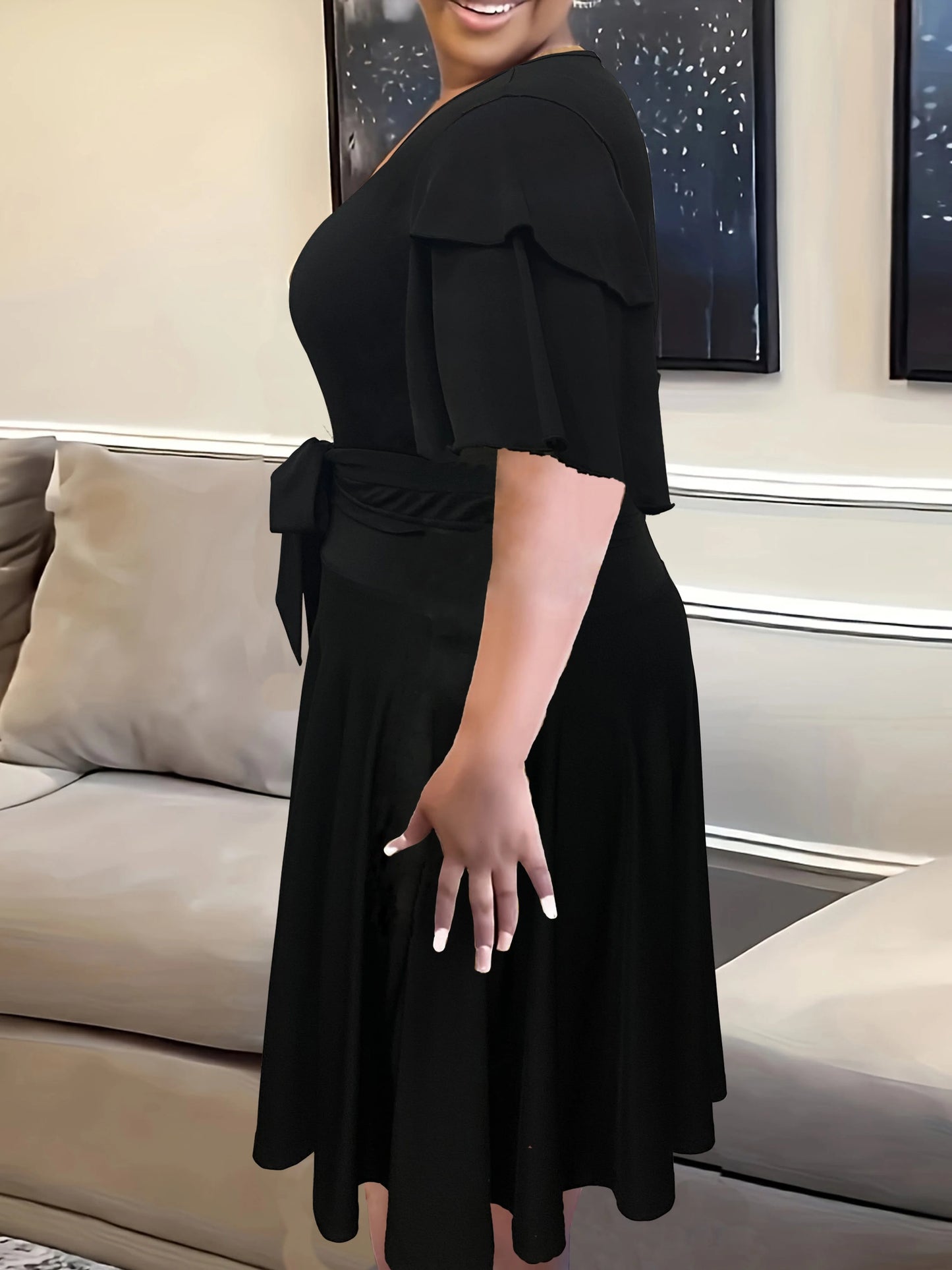 Women's Dress, Lotus Leaf Edge Sleeves with Front Tie V-neck, Two-piece Set