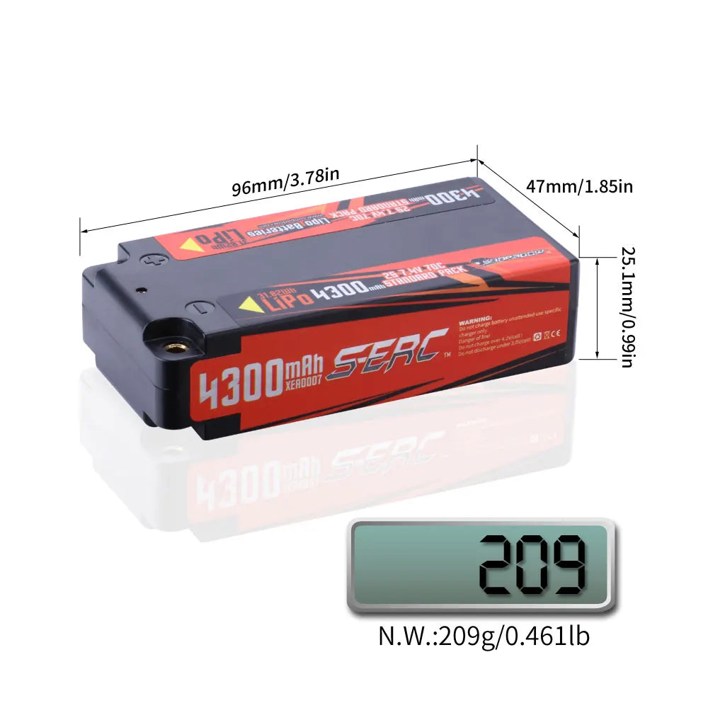 2S 7.4V Shorty Lipo Battery 4300mAh 70C Hard Case for RC